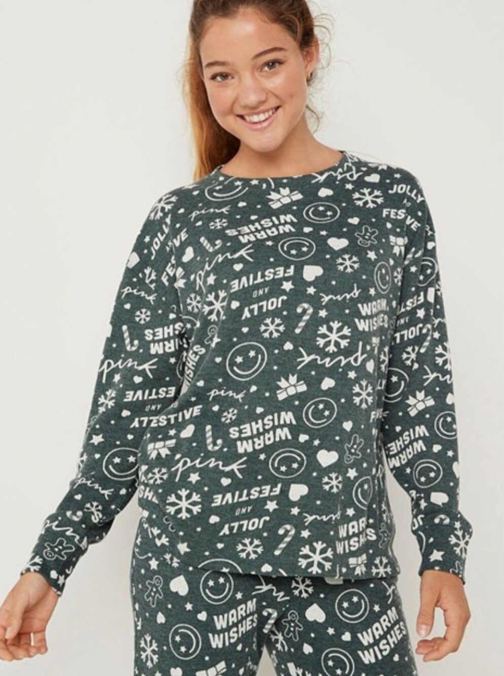 PINK Victoria's Secret Holiday Christmas Thermal Pajama Top Green Size M